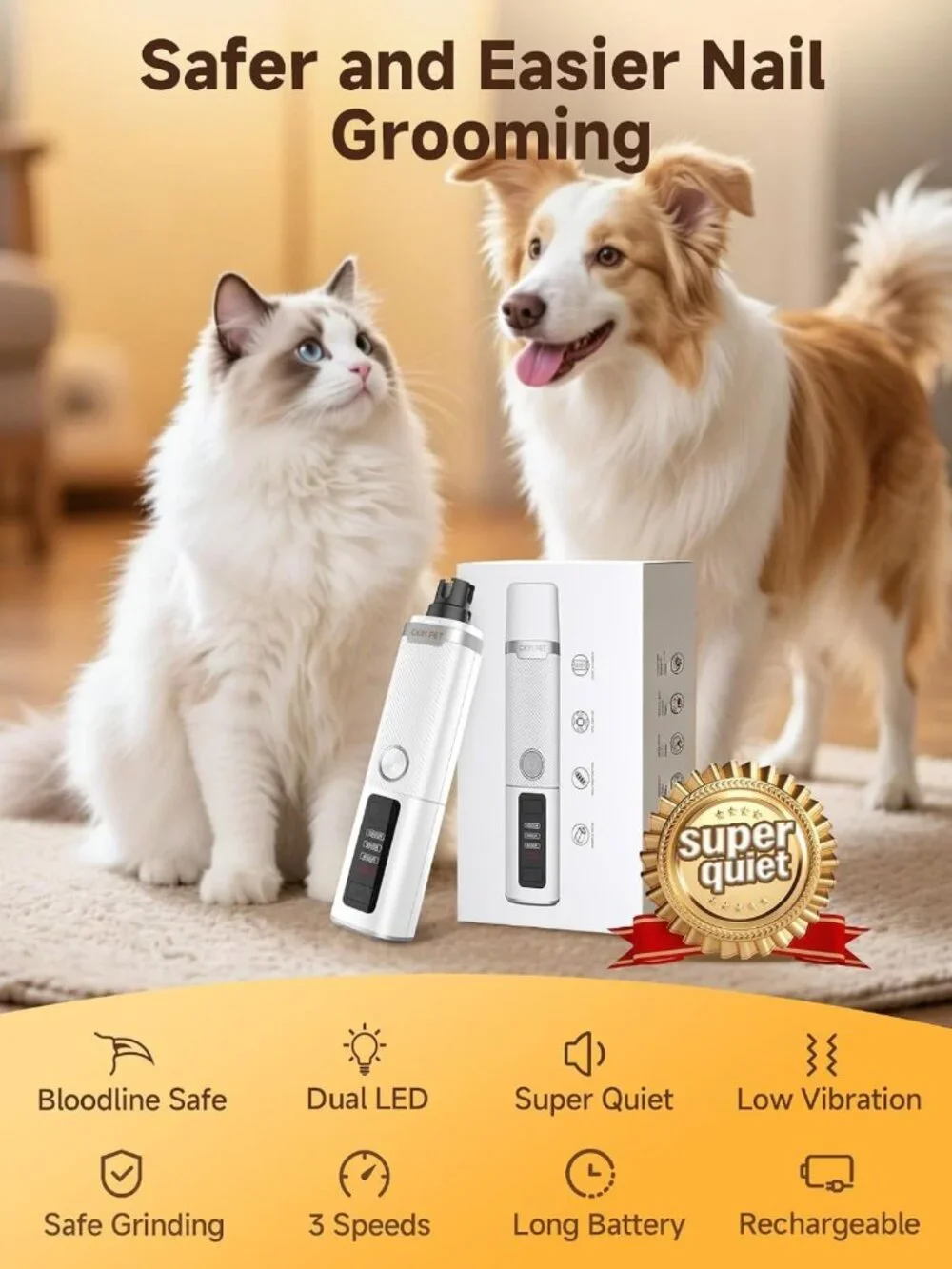 Quiet Electric Dog Nail Grinder with LED Lights, 3-Speed Rechargeable Pet